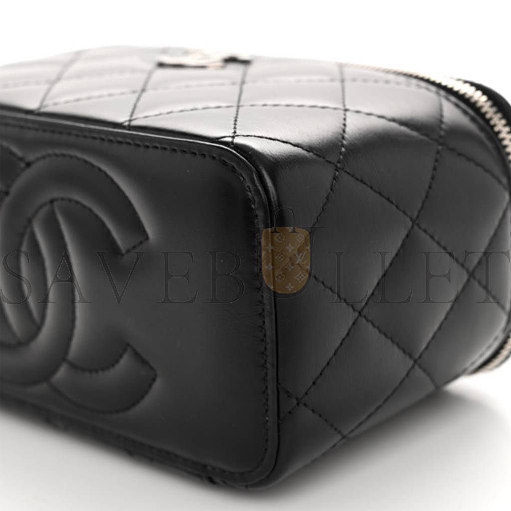 Ch*el master shiny calfskin quilted small crystal top handle vanity case with chain black a96030 (17*9.5*7.8cm)